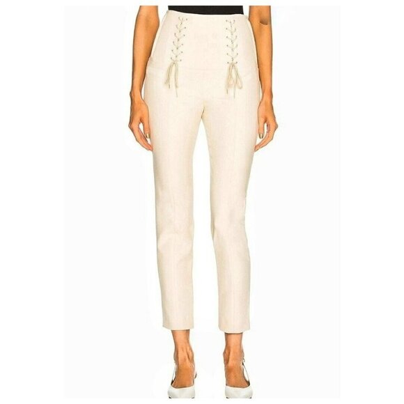 Tibi "Anson" Corset Front Tie High Waist High Rise Ankle Pants | Size 0 Beige - Picture 1 of 14